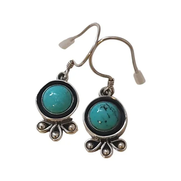 Turquoise Sterling Silver Dangle Earrings Drop Semi Precious Stone Gem December - Picture 9 of 13